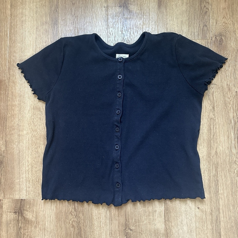 Anthropologie Pilcro Black Ribbed Button Up Short Sleeve Lettuce Hem Shirt, M